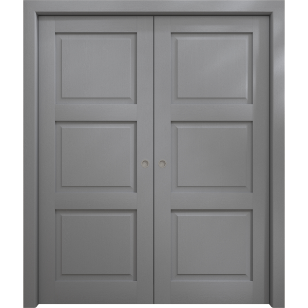 Sliding French Double Pocket Doors 36 x 80 inches | Ego 5010 Painted Grey Oak | Kit Rail Hardware | Solid Wood Interior Bedroom Modern Doors