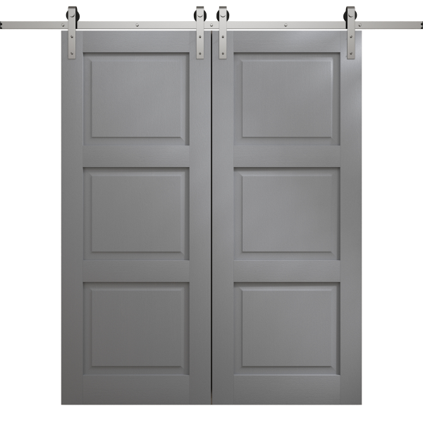 Modern Double Barn Door 36 x 80 inches | Ego 5010 Painted Grey Oak | 13FT Silver Rail Track Set | Solid Panel Interior Doors