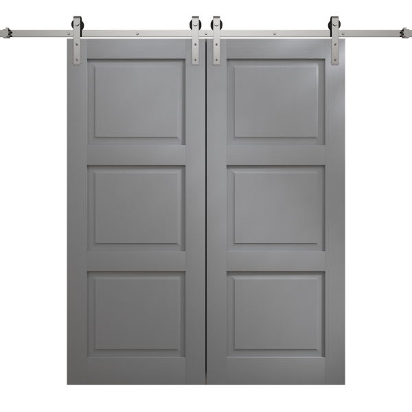 Modern Double Barn Door 36 x 80 inches | Ego 5010 Painted Grey Oak | 13FT Silver Rail Track Set | Solid Panel Interior Doors