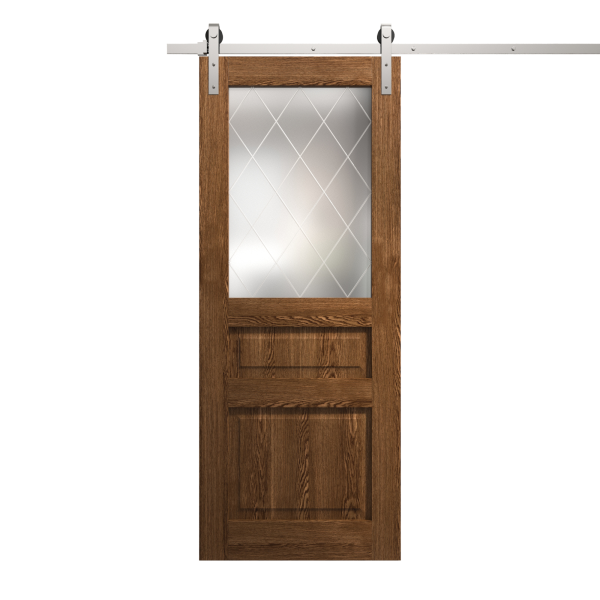 Modern Barn Door 24 x 96 inches | Ego 5011 Cognac Oak | 6.6FT Silver Rail Track Heavy Hardware Set | Solid Panel Interior Doors