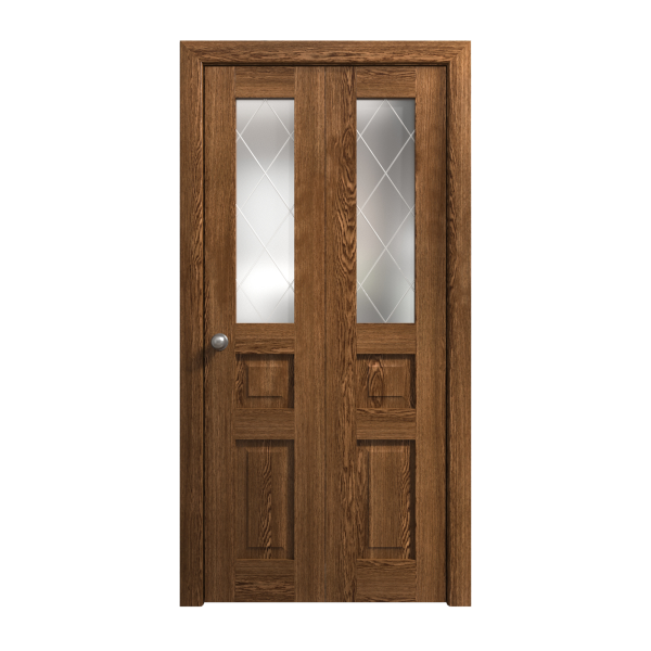 Sliding Closet Bi-fold Doors 56 x 84 inches | Ego 5011 Cognac Oak | Sturdy Tracks Moldings Trims Hardware Set | Wood Solid Bedroom Wardrobe Doors