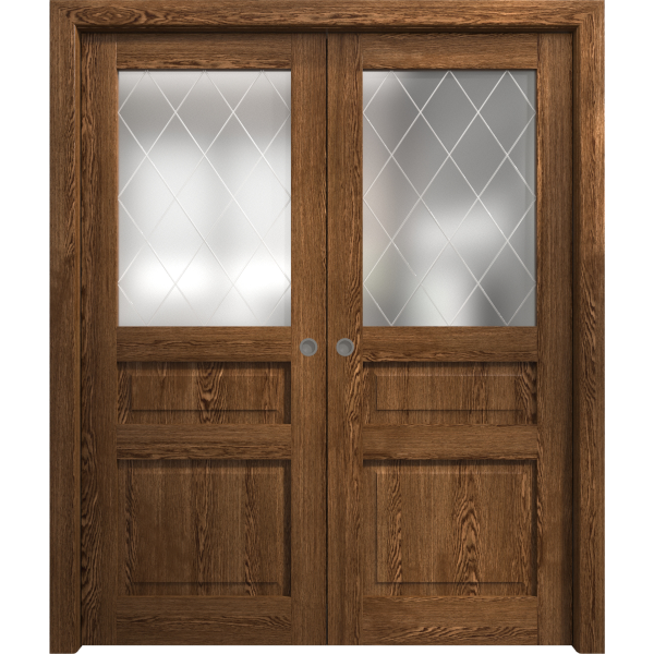Sliding French Double Pocket Doors 36 x 80 inches | Ego 5011 Cognac Oak | Kit Rail Hardware | Solid Wood Interior Bedroom Modern Doors