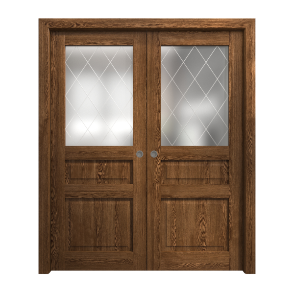 Sliding French Double Pocket Doors 72 x 96 inches | Ego 5011 Cognac Oak | Kit Rail Hardware | Solid Wood Interior Bedroom Modern Doors