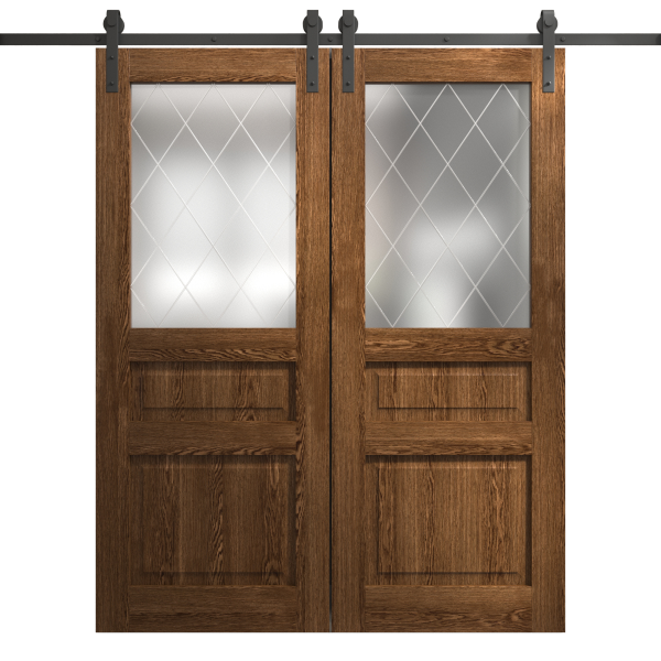 Modern Double Barn Door 36 x 80 inches | Ego 5011 Cognac Oak | 13FT Rail Track Set | Solid Panel Interior Doors