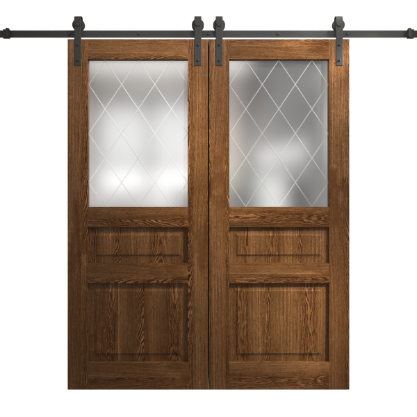 Modern Double Barn Door 36 x 80 inches | Ego 5011 Cognac Oak | 13FT Rail Track Set | Solid Panel Interior Doors