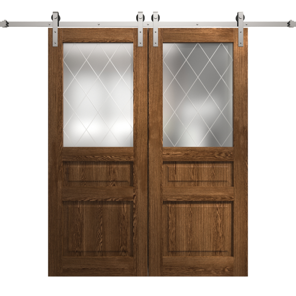 Modern Double Barn Door 56 x 84 inches | Ego 5011 Cognac Oak | 13FT Silver Rail Track Set | Solid Panel Interior Doors