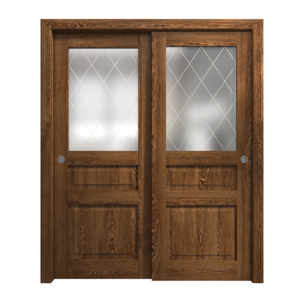 Sliding Closet Bypass Doors 56 x 80 inches | Ego 5011 Cognac Oak | Rails Hardware Set | Wood Solid Bedroom Wardrobe Doors