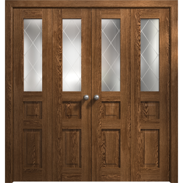 Sliding Closet Double Bi-fold Doors 72 x 80 inches | Ego 5011 Cognac Oak | Sturdy Tracks Moldings Trims Hardware Set | Wood Solid Bedroom Wardrobe Doors