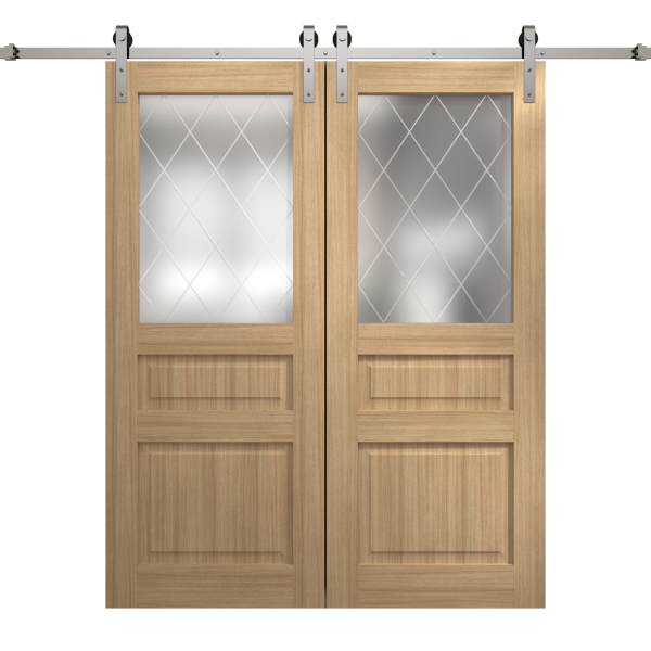Modern Double Barn Door 84 x 80 inches | Ego 5011 Natural Oak | 14FT Silver Rail Track Set | Solid Panel Interior Doors