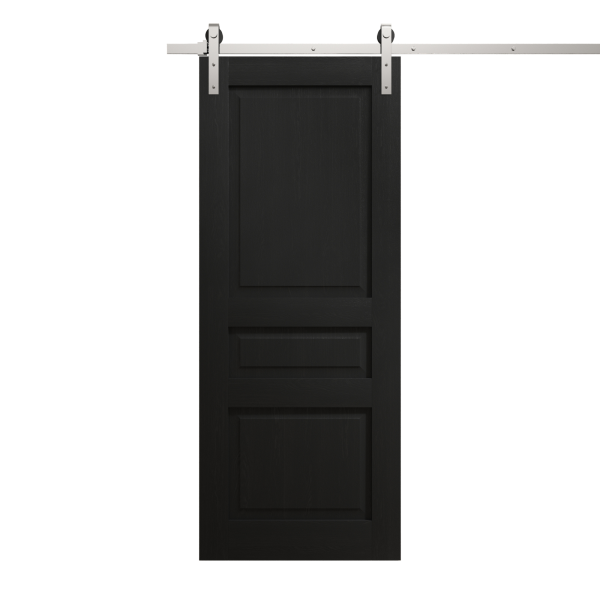 Modern Barn Door 18 x 80 inches | Ego 5012 Painted Black Oak | 6.6FT Silver Rail Track Heavy Hardware Set | Solid Panel Interior Doors