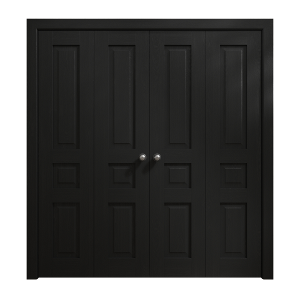 Sliding Closet Double Bi-fold Doors 72 x 80 inches | Ego 5012 Painted Black Oak | Sturdy Tracks Moldings Trims Hardware Set | Wood Solid Bedroom Wardrobe Doors