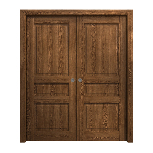 Sliding French Double Pocket Doors 36 x 80 inches | Ego 5012 Cognac Oak | Kit Rail Hardware | Solid Wood Interior Bedroom Modern Doors