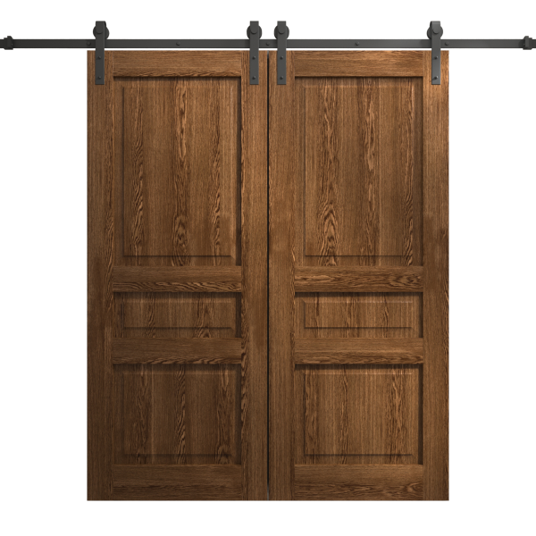 Modern Double Barn Door 84 x 80 inches | Ego 5012 Cognac Oak | 14FT Rail Track Set | Solid Panel Interior Doors