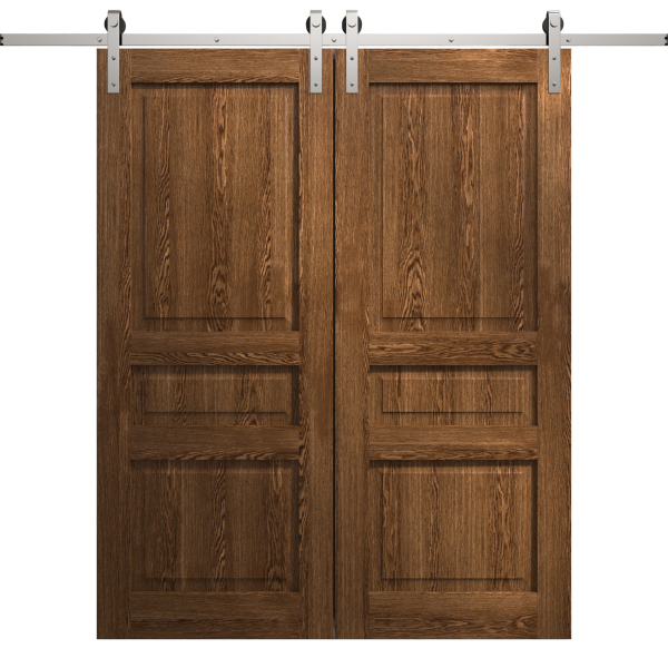 Modern Double Barn Door 36 x 80 inches | Ego 5012 Cognac Oak | 13FT Silver Rail Track Set | Solid Panel Interior Doors