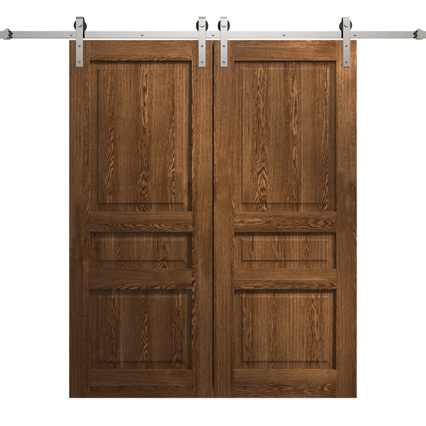 Modern Double Barn Door 36 x 80 inches | Ego 5012 Cognac Oak | 13FT Silver Rail Track Set | Solid Panel Interior Doors