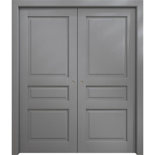 Sliding French Double Pocket Doors 36 x 80 inches | Ego 5012 Painted Grey Oak | Kit Rail Hardware | Solid Wood Interior Bedroom Modern Doors