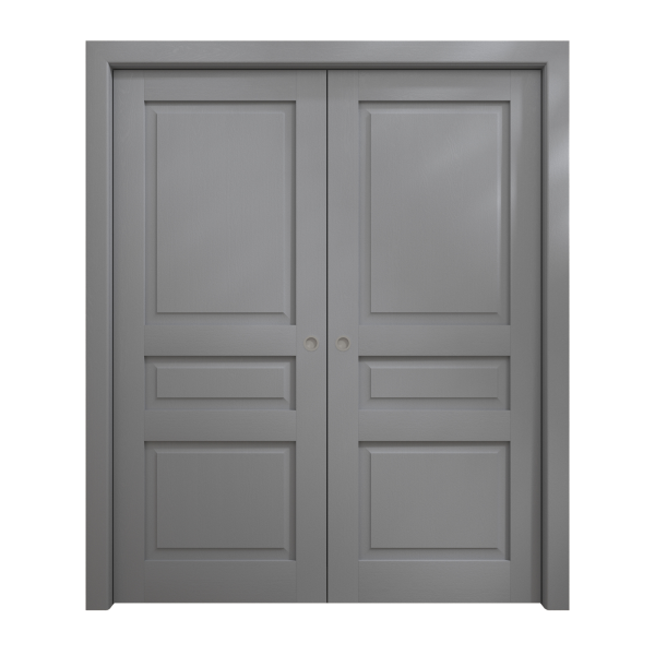 Sliding French Double Pocket Doors 72 x 96 inches | Ego 5012 Painted Grey Oak | Kit Rail Hardware | Solid Wood Interior Bedroom Modern Doors