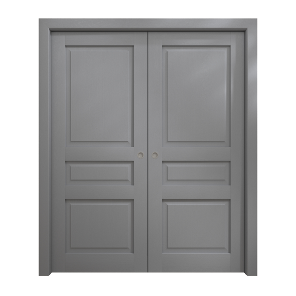 Sliding French Double Pocket Doors 48 x 84 inches | Ego 5012 Painted Grey Oak | Kit Rail Hardware | Solid Wood Interior Bedroom Modern Doors