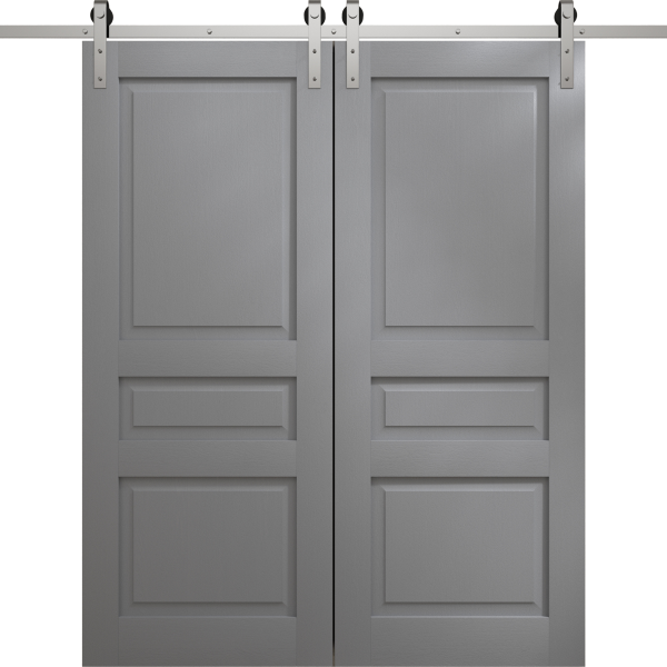 Modern Double Barn Door 36 x 80 inches | Ego 5012 Painted Grey Oak | 13FT Silver Rail Track Set | Solid Panel Interior Doors