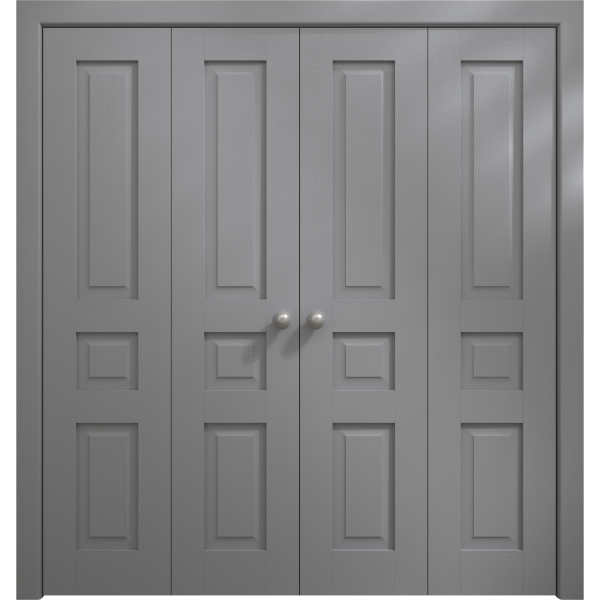 Sliding Closet Double Bi-fold Doors 72 x 80 inches | Ego 5012 Painted Grey Oak | Sturdy Tracks Moldings Trims Hardware Set | Wood Solid Bedroom Wardrobe Doors