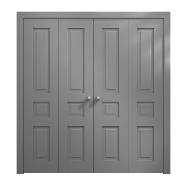 Sliding Closet Double Bi-fold Doors 72 x 80 inches | Ego 5012 Painted Grey Oak | Sturdy Tracks Moldings Trims Hardware Set | Wood Solid Bedroom Wardrobe Doors