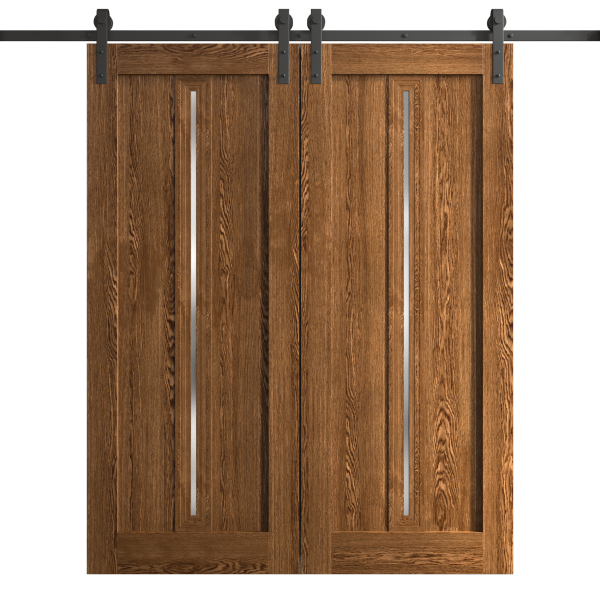Modern Double Barn Door 36 x 80 inches | Ego 5014 Cognac Oak | 13FT Rail Track Set | Solid Panel Interior Doors