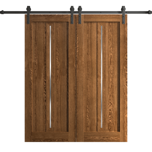 Modern Double Barn Door 72 x 96 inches | Ego 5014 Cognac Oak Veneer | 13FT Rail Track Set | Solid Panel Interior Doors