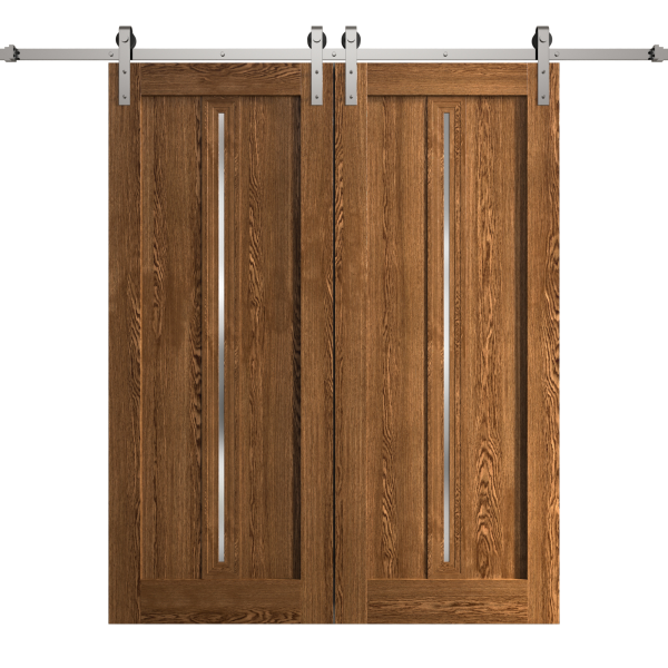 Modern Double Barn Door 56 x 84 inches | Ego 5014 Cognac Oak | 13FT Silver Rail Track Set | Solid Panel Interior Doors