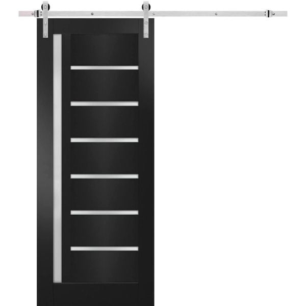 Sturdy Barn Door | Quadro 4088 Matte Black with Frosted Glass | Silver 6.6FT Rail Hangers Heavy Hardware Set | Solid Panel Interior Doors