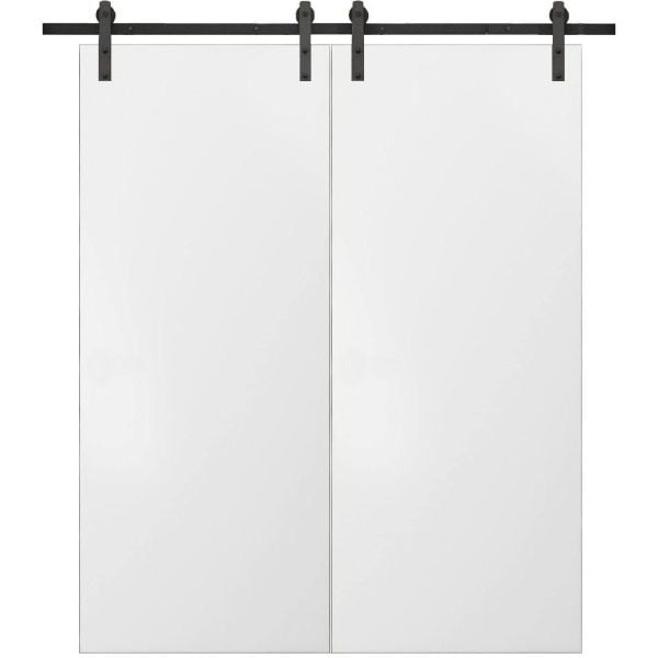 Planum 0010 Modern Interior Solid Wood Flush Closet Double Barn Doors White Silk with Track 13FT Rail Hardware Set