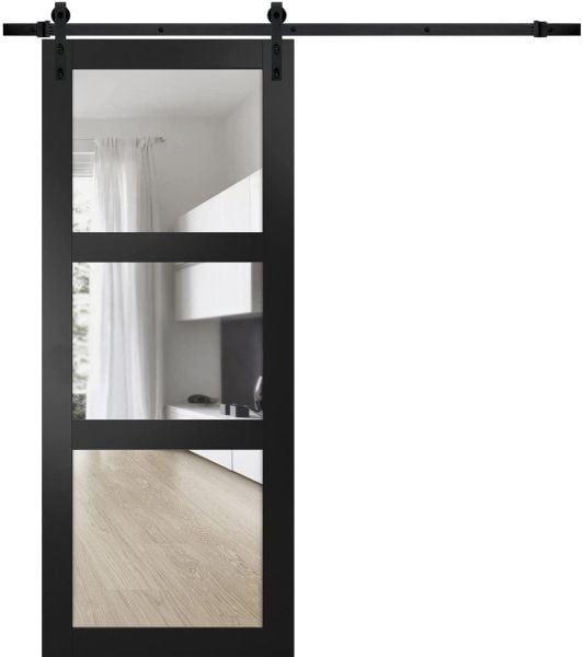 Sturdy Barn Door | Lucia 2555 Matte Black with Clear Glass | 6.6FT Rail Hangers Heavy Hardware Set | Solid Panel Interior Doors