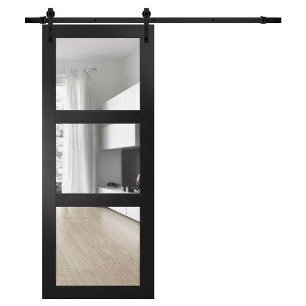 Sturdy Barn Door Frosted Glass | Lucia 2552 Matte Black | 6.6FT Rail Hangers Heavy Hardware Set | Solid Panel Interior Doors-18" x 80"-Clear Glass-Black Rail