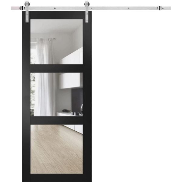 Sturdy Barn Door with Hardware | Lucia 2555 Matte Black with Clear Glass | Stainless Steel 6.6FT Rail Hangers Heavy Set | Solid Panel Interior Doors