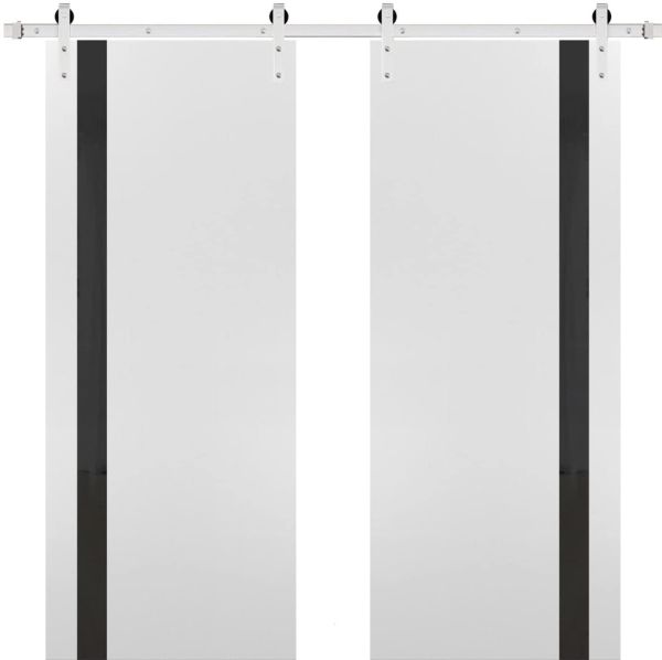 Sturdy Double Barn Door | Planum 0040 White Silk with Black Glass | Silver 13FT Rail Hangers Heavy Set | Solid Panel Interior Doors