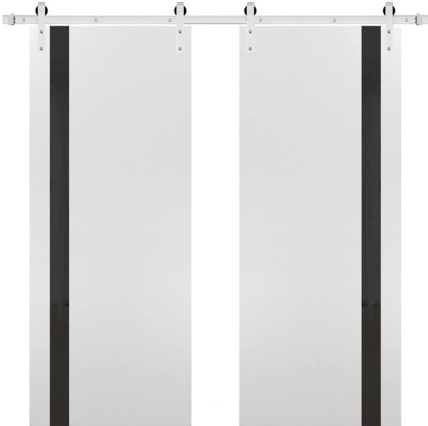 Sturdy Double Barn Door with | Planum 0040 White Silk with Black Glass | 13FT Rail Hangers Heavy Set | Solid Panel Interior Doors-36" x 84" (2* 18x84)