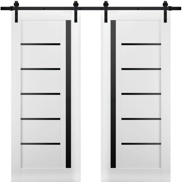 Sturdy Double Barn Door with | Quadro 4588 White Silk with Black Glass | 13FT Rail Hangers Heavy Set | Solid Panel Interior Doors-36" x 80" (2* 18x80)-Black Rail-Black Glass