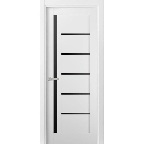 Solid Interior French | Quadro 4588 White Silk with Black Glass | Single Regular Panel Frame Trims Handle | Bathroom Bedroom Sturdy Doors -18" x 80"-Butterfly-Black Glass