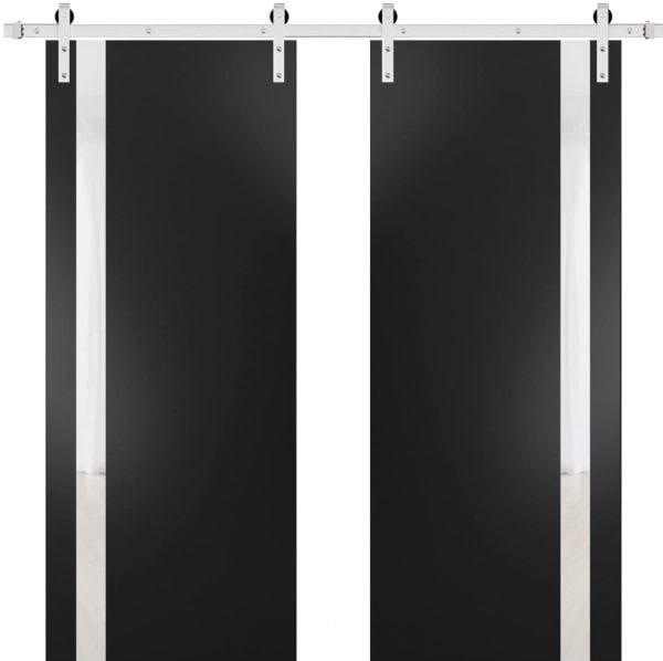 Sturdy Double Barn Door | Planum 0040 Matte Black with White Glass | Silver 13FT Rail Hangers Heavy Set | Solid Panel Interior Doors