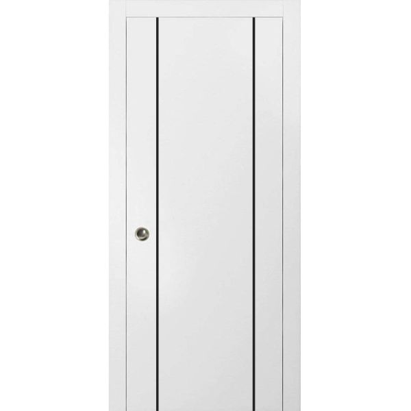 Sliding French Pocket Door with | Planum 0017 White Silk | Kit Trims Rail Hardware | Solid Wood Interior Bedroom Sturdy Doors-18" x 80"