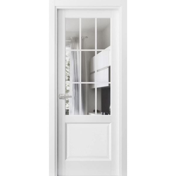 Solid Interior French | Felicia 3599 White Silk with Clear Glass | Single Regular Panel Frame Trims Handle | Bathroom Bedroom Sturdy Doors -18" x 80"-Butterfly-Clear Glass