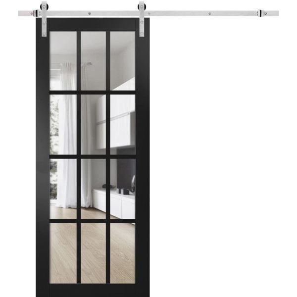 Sturdy Barn Door | Felicia 3355 Matte Black with Clear Glass | Silver 6.6FT Rail Hangers Heavy Hardware Set | Solid Panel Interior Doors