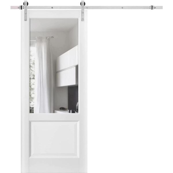Sturdy Barn Door | Lucia 1533 White Silk with Clear Glass | Silver 6.6FT Rail Hangers Heavy Hardware Set | Solid Panel Interior Doors