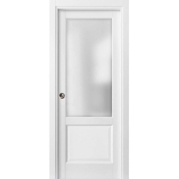 Sliding French Pocket Door with | Lucia 22 White Silk with Frosted Glass | Kit Trims Rail Hardware | Solid Wood Interior Bedroom Sturdy Doors