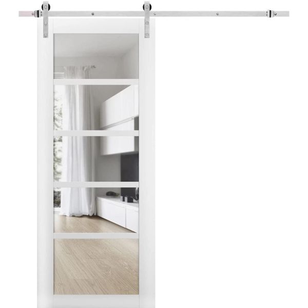Sturdy Barn Door | Quadro 4522 White Silk with Clear Glass | Silver 6.6FT Rail Hangers Heavy Hardware Set | Solid Panel Interior Doors