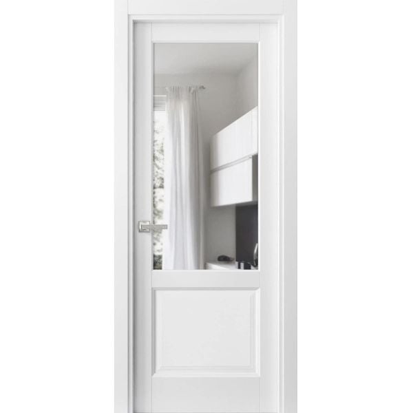 Solid Interior French | Lucia 1533 White Silk with Clear Glass | Single Regular Panel Frame Trims Handle | Bathroom Bedroom Sturdy Doors-18" x 80"-Butterfly-Clear Glass