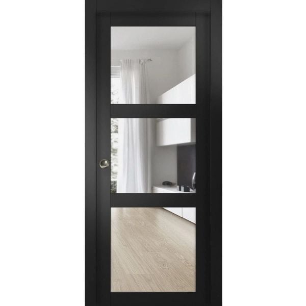 Sliding French Pocket Door with | Lucia 2555 Matte Black with Clear Glass | Kit Trims Rail Hardware | Solid Wood Interior Bedroom Sturdy Doors