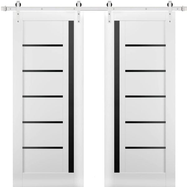 Sturdy Double Barn Door with | Quadro 4588 White Silk with Black Glass | Silver 13FT Rail Hangers Heavy Set | Solid Panel Interior Doors