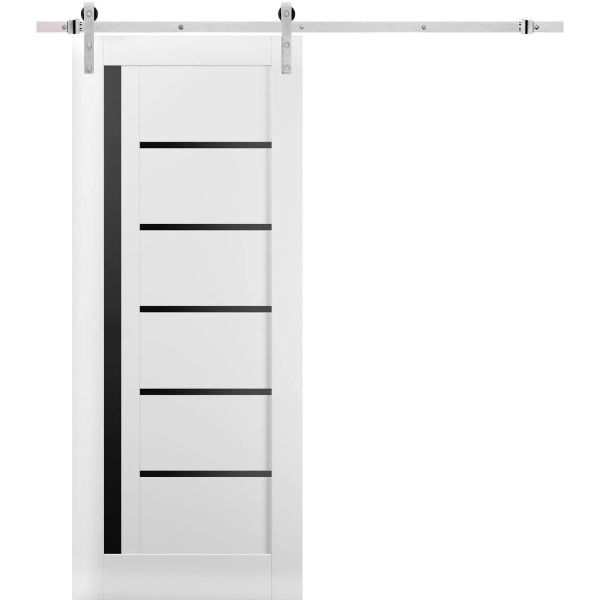 Sturdy Barn Door | Quadro 4588 White Silk with Black Glass | Silver 6.6FT Rail Hangers Heavy Hardware Set | Solid Panel Interior Doors