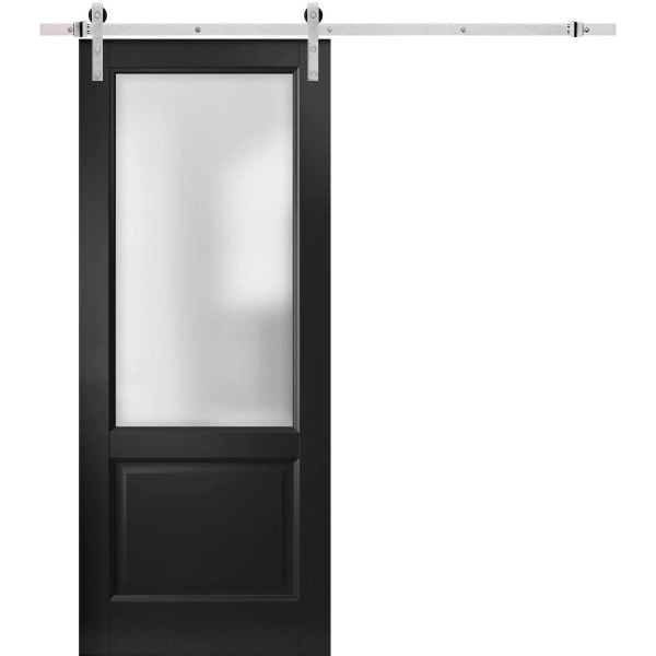 Sturdy Barn Door | Lucia 22 Matte Black with Frosted Glass | Silver 6.6FT Rail Hangers Heavy Hardware Set | Solid Panel Interior Doors