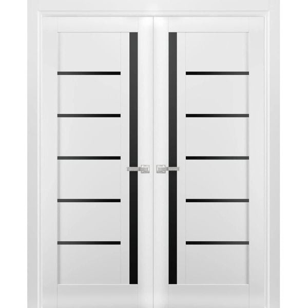 Solid French Double Doors | Quadro 4588 White Silk with Black Glass | Wood Solid Panel Frame Trims | Closet Bedroom Sturdy Doors-36" x 80" (2* 18x80)-Butterfly-Black Glass